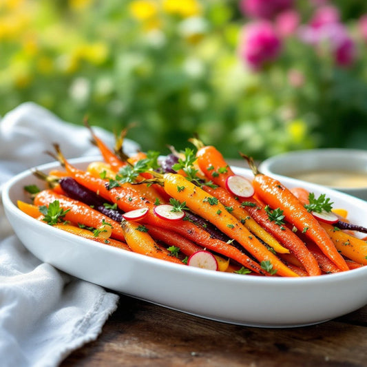 Strawberry Balsamic Roasted Carrot Salad with Basil Oil Drizzle (Vegan + Gluten-Free)