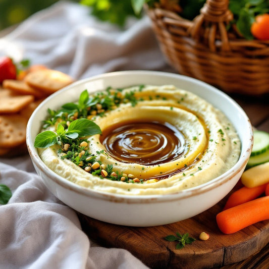 Basil Olive Oil Hummus with Strawberry Balsamic Drizzle (Vegan/Gluten Free)