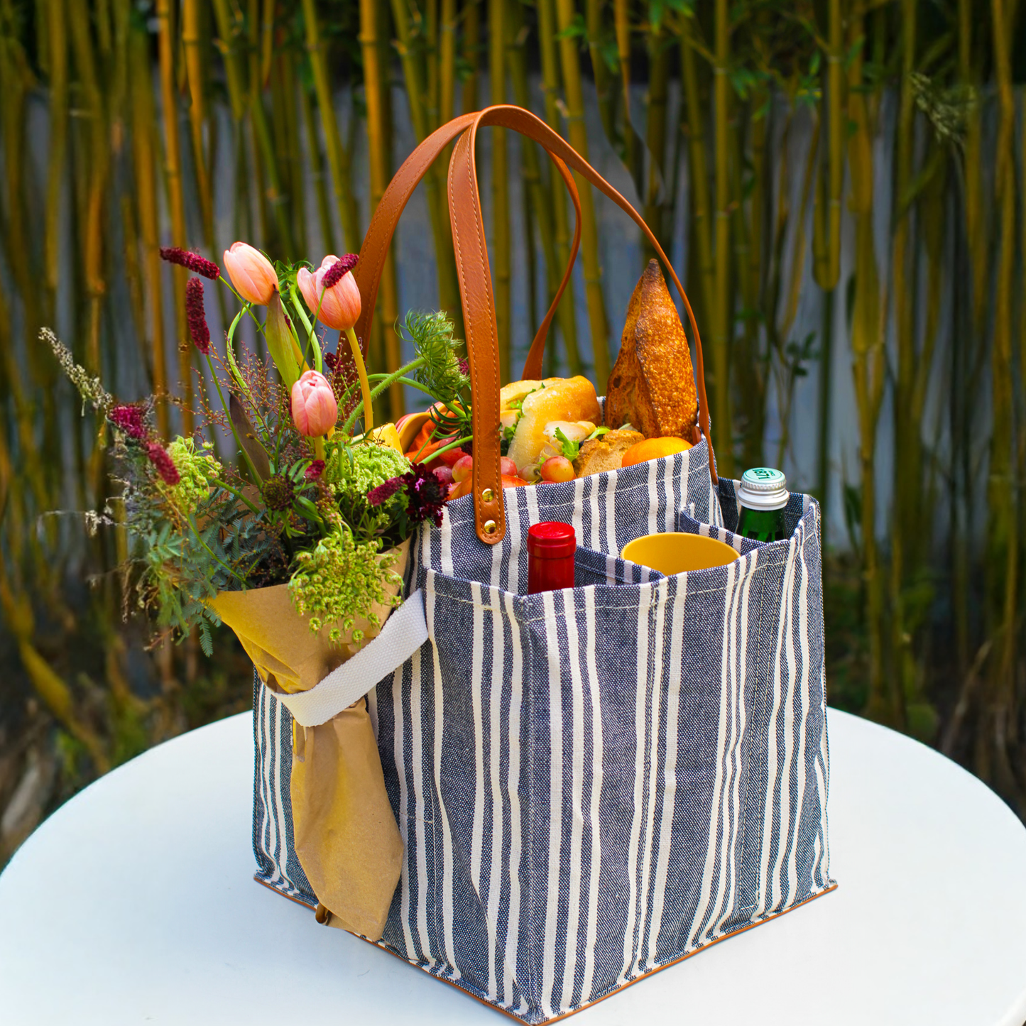 CapaBunga® Heavy-Duty Canvas Tote Bag | Reusable Multi-Pocket Market Tote with Brown Handles & Base