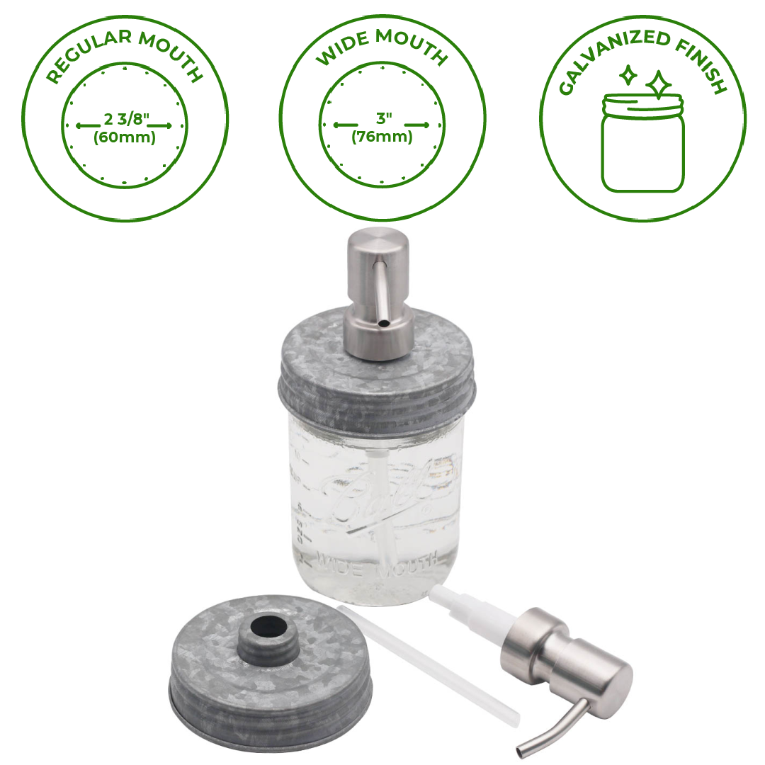 Mason Jar Lifestyle - Satin / Brushed Finish Soap Pump Dispensers for Mason Jars: Threaded galvanized / Wide mouth / #2