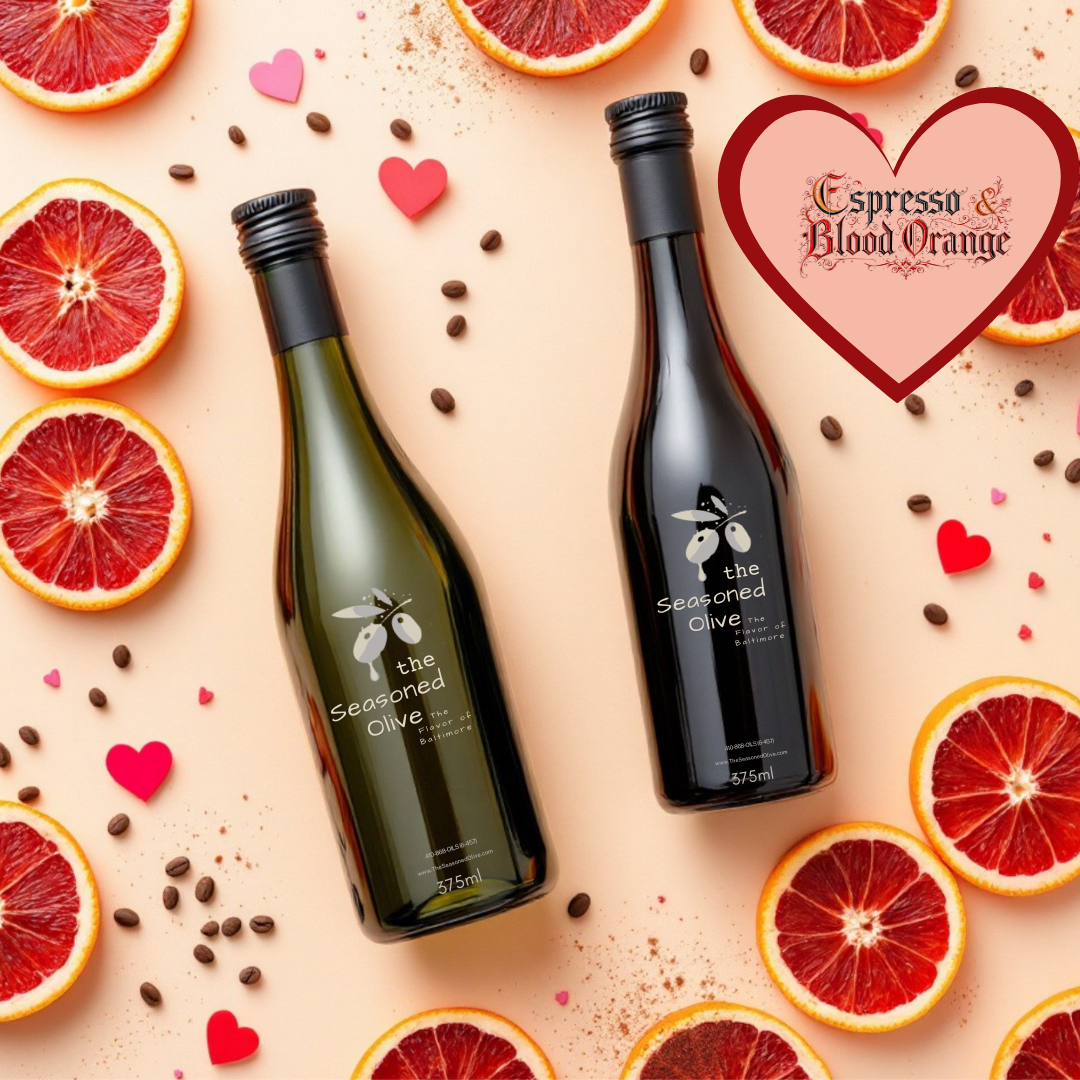 Espresso balsamic and blood orange olive oil pairing with fresh orange slices and coffee beans.