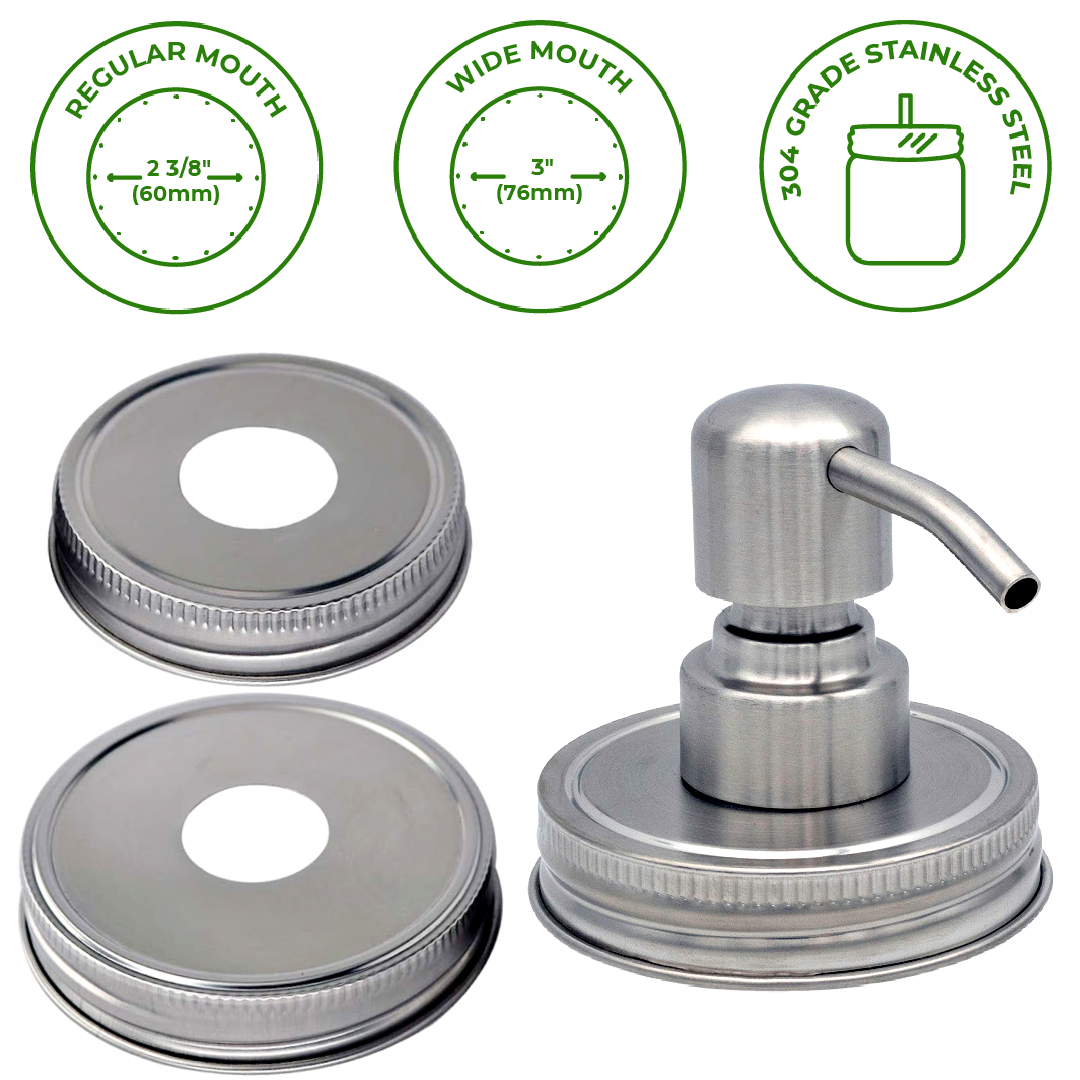Mason Jar Lifestyle - Satin / Brushed Finish Soap Pump Dispensers for Mason Jars: Threaded galvanized / Wide mouth / #2