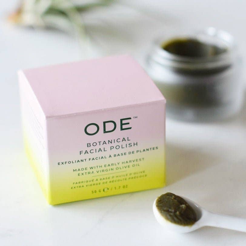 ODE Olive Oil Beauty 3-in-1 Botanical Facial Polish – natural exfoliating cleanser with olive oil and botanical extracts.