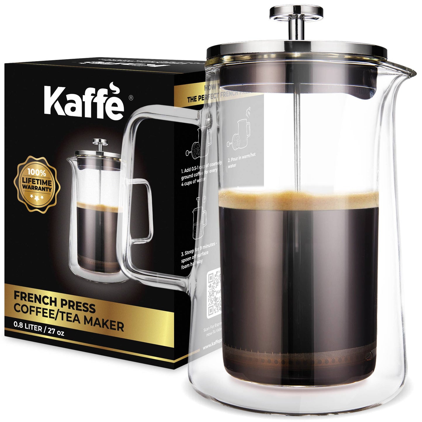 A 0.8L Kaffe French Press Coffee Maker with double-wall glass construction, a stainless steel plunger, and a sleek metal frame. Ideal for brewing rich coffee or tea at home.