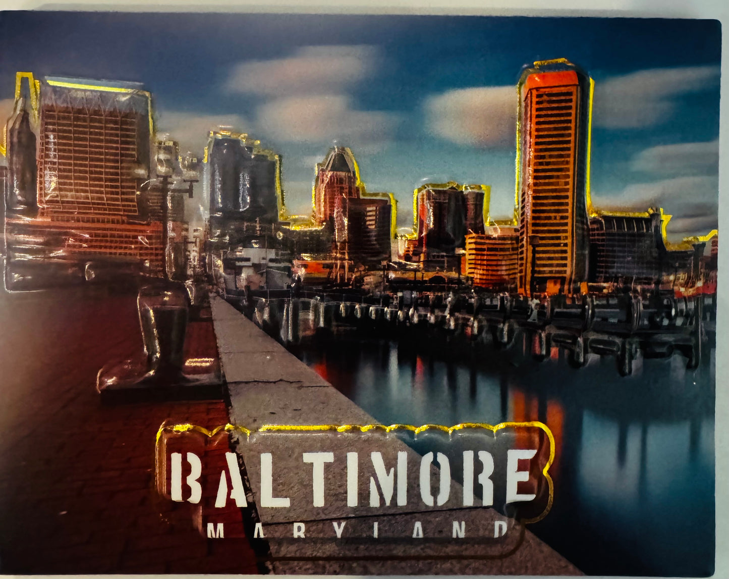BALTIMORE INNER HARBOR POP UP MAGNET W/ GOLD HIGHLIGHTS