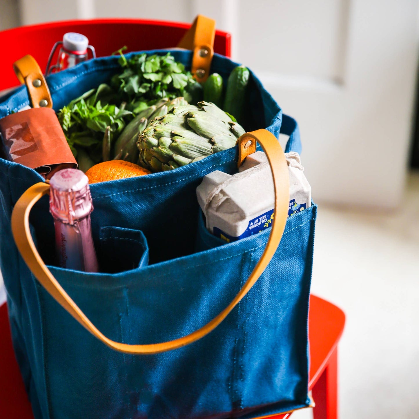 CapaBunga® - Reusable Multi-Pocket Market Tote : Petrol Blue with Mustard Handles and Base