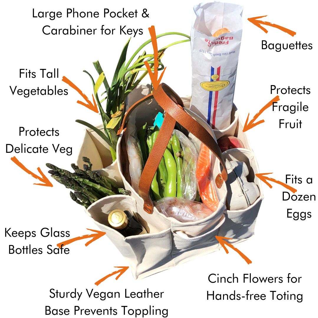 CapaBunga® - Reusable Multi-Pocket Market Tote : Natural with Vegan Leather Handles and Base