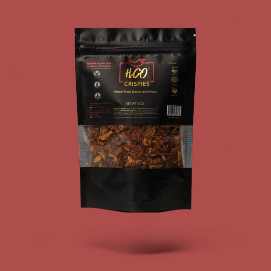 Bag of HCO Fried Garlic & Onion Crispies – crunchy vegan topping for ramen, salads, rice bowls, and vegetables.
