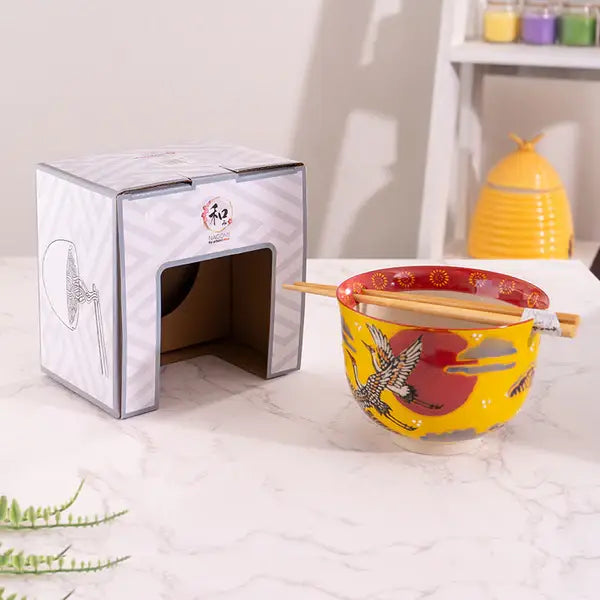 Japanese Crane Bowl With Chopsticks Set
