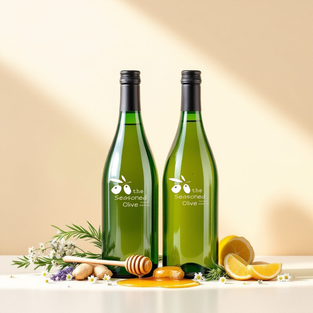 April Perfect Pairing with blank olive oil and balsamic bottles, styled with rosemary, honey dipper, and ginger on ivory background