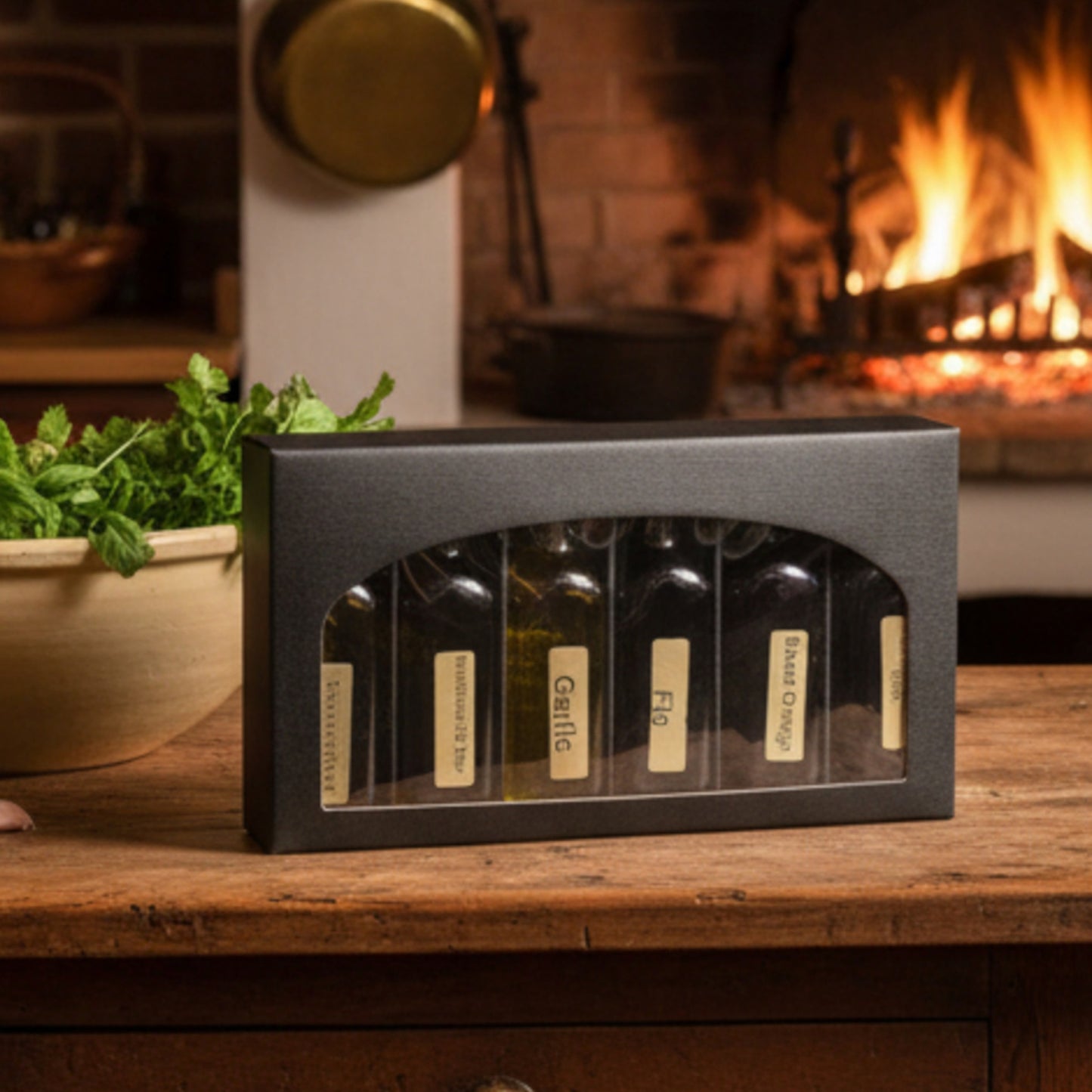 Set of five bottles in a black display box on a wooden surface with a fireplace in the background