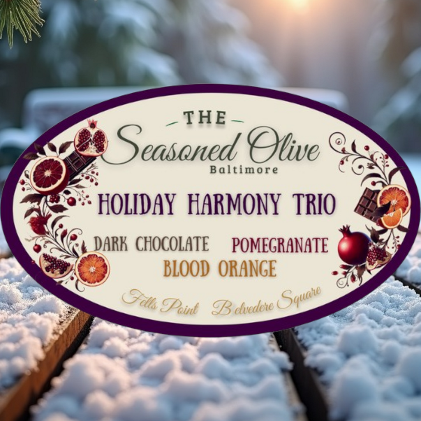 Holiday Harmony Trio Gift Set: Dark Chocolate Balsamic, Pomegranate Balsamic, & Blood Orange Olive Oil
