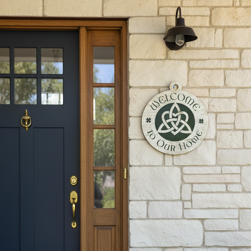 Blue front door with a wooden side panel on a stone wall, featuring a 'Welcome to Our Home' sign.