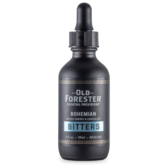 Black bottle of Old Forester Bohemian Bitters on a white background