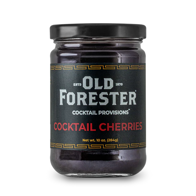 Jar of Old Forester Bourbon Cocktail Cherries – premium cherries infused with bourbon and bitters for cocktails and desserts.