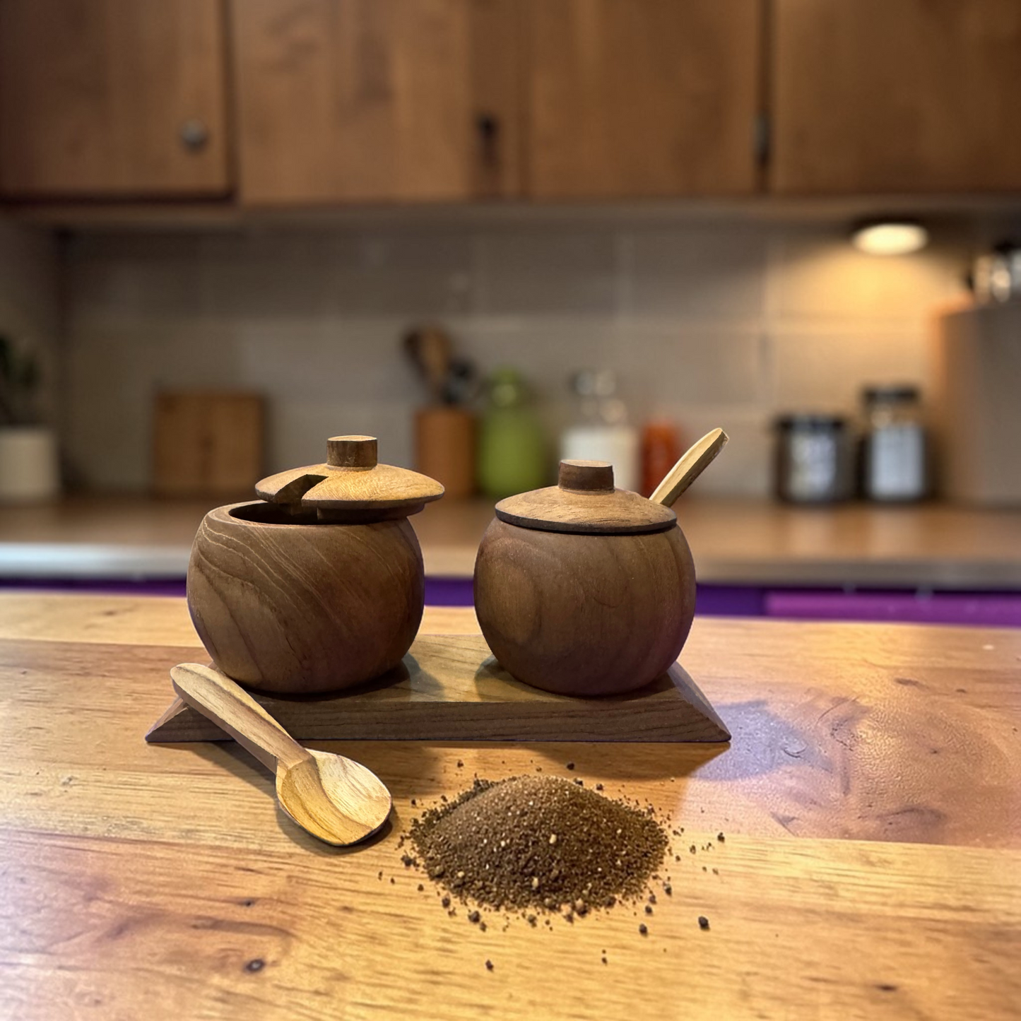 Dual Teak Spice Jars with Spoons – Handcrafted in Bali