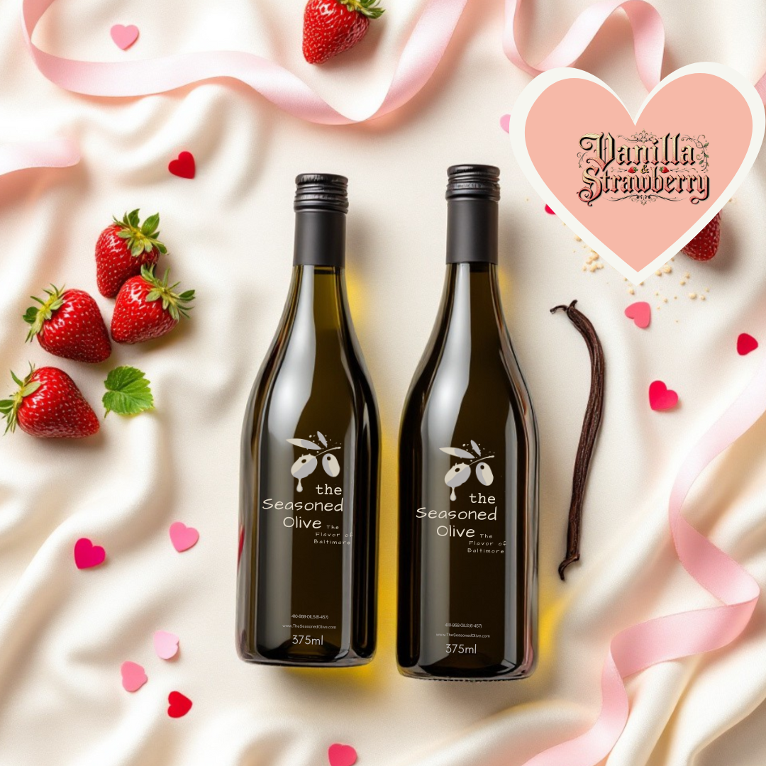 Vanilla Olive Oil and Strawberry Balsamic Vinegar pairing with fresh strawberries and Valentine’s accents.