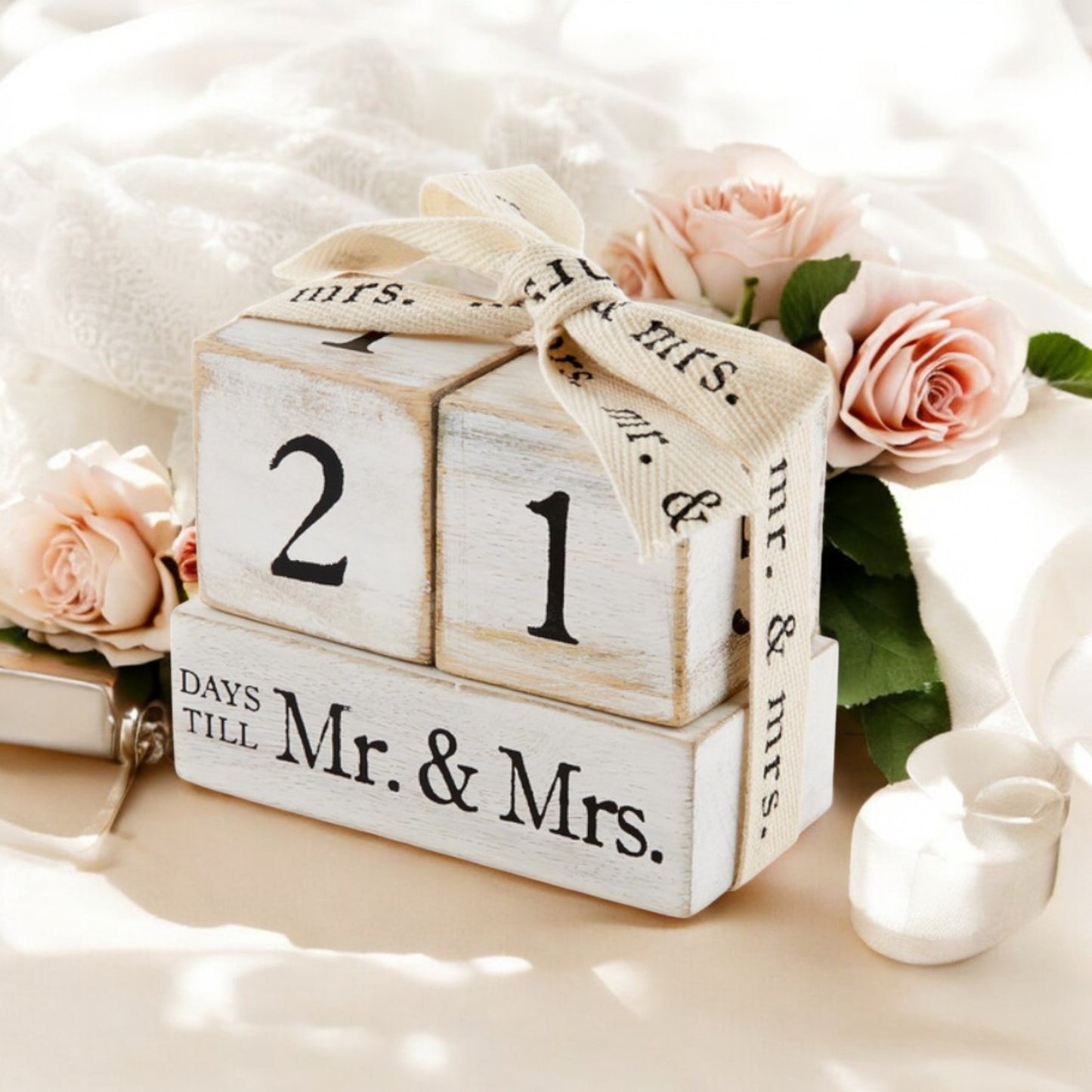 Wedding Countdown Block with interchangeable day numbers, neutral elegant design on a wooden or acrylic base.