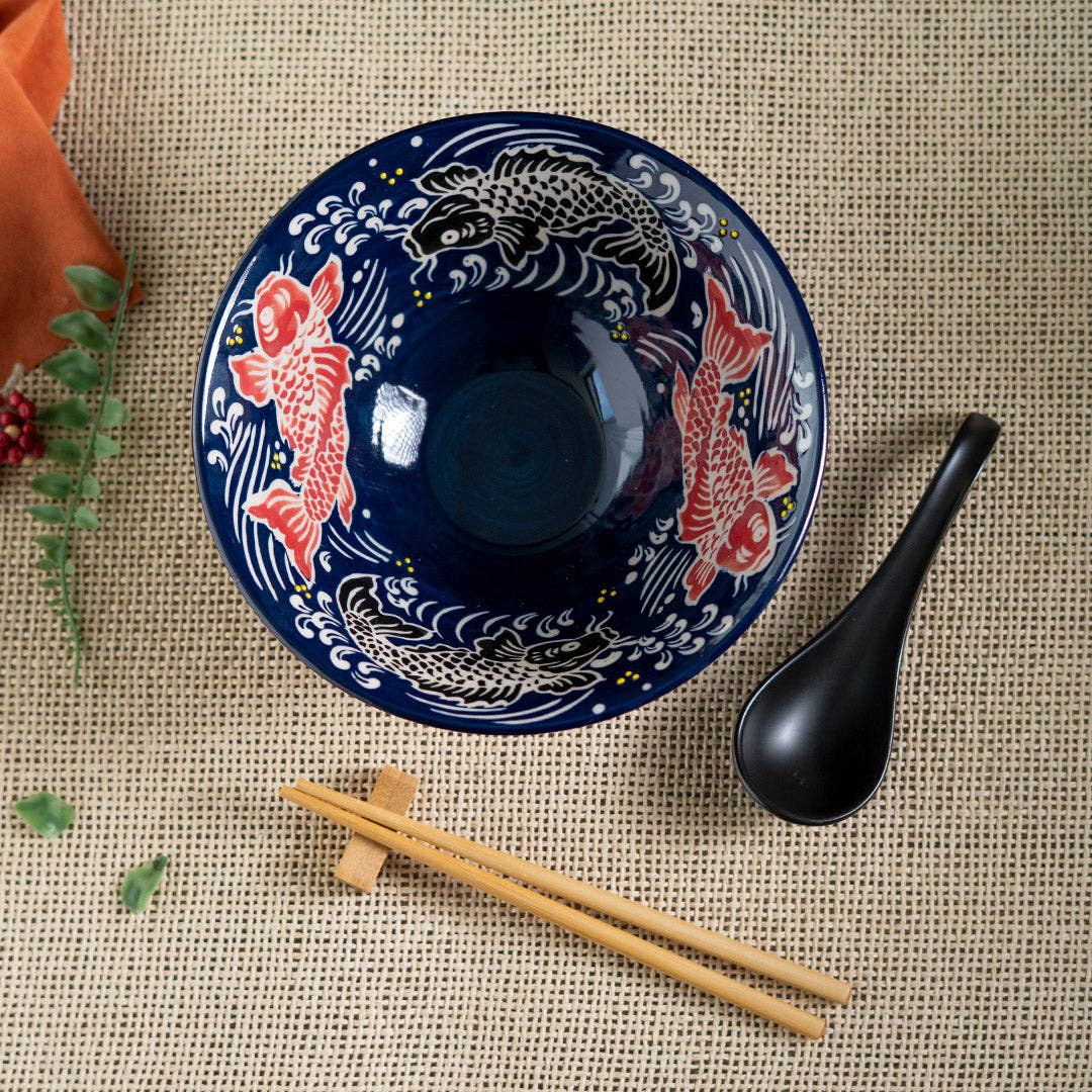6" Bowl With Chopsticks, Spoon and Chopsticks Rest Set Koi Fish, 24oz