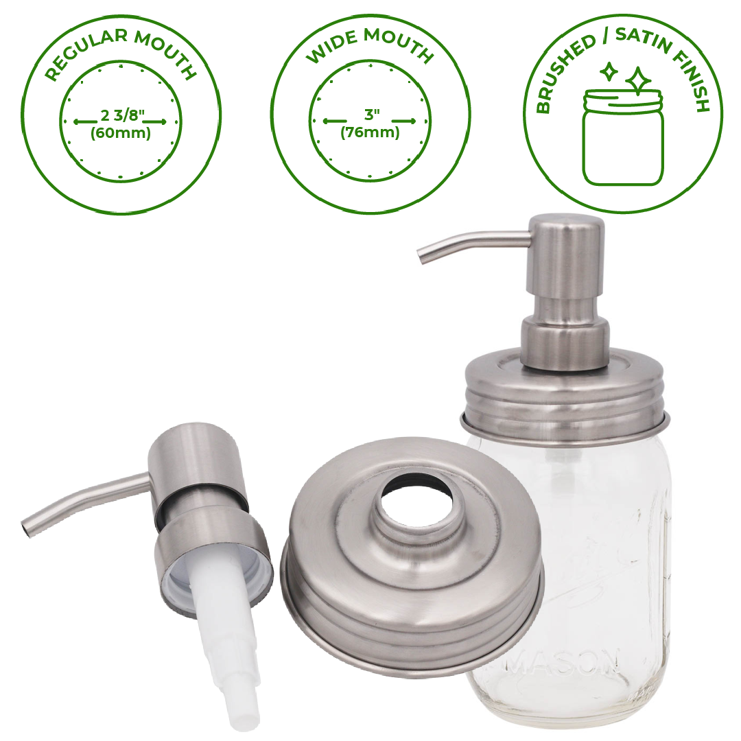 Mason Jar Lifestyle - Satin / Brushed Finish Soap Pump Dispensers for Mason Jars: Threaded galvanized / Wide mouth / #2