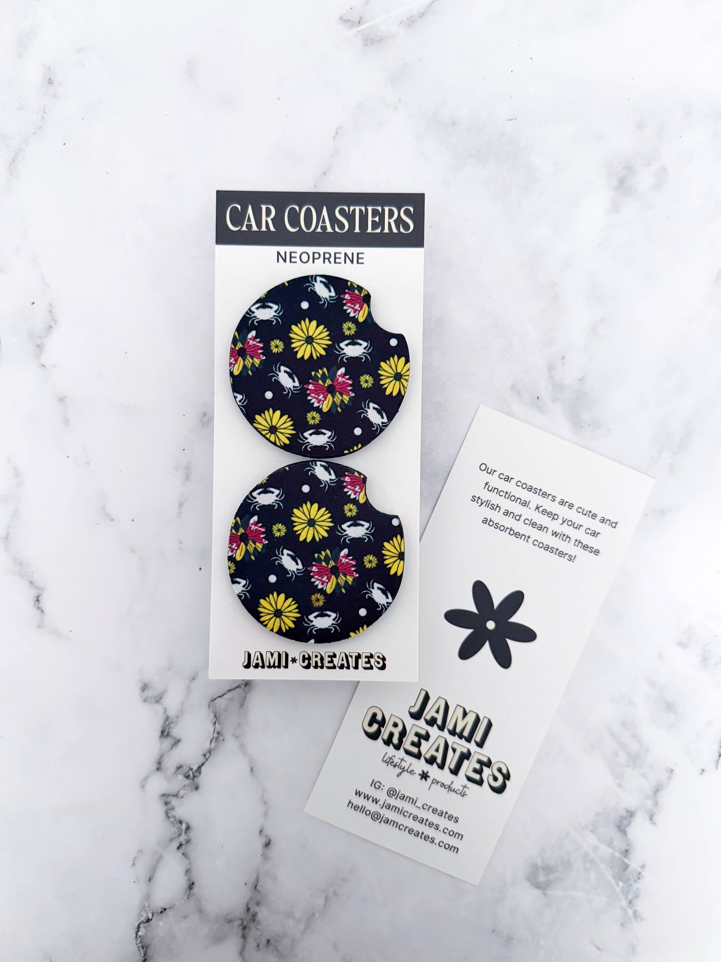 Jami Creates - Black Maryland Flower Crab Print Car Coasters