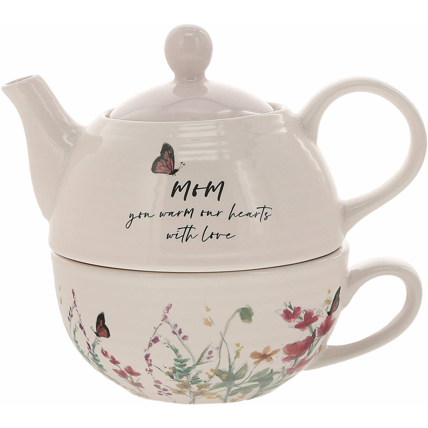 A beautiful Tea for One set featuring a 14.5 oz teapot with a pale pink lid and a 10 oz ribbed-texture cup, adorned with a floral design and the sentiment "Mom." Perfect for gifting to mothers on special occasions.