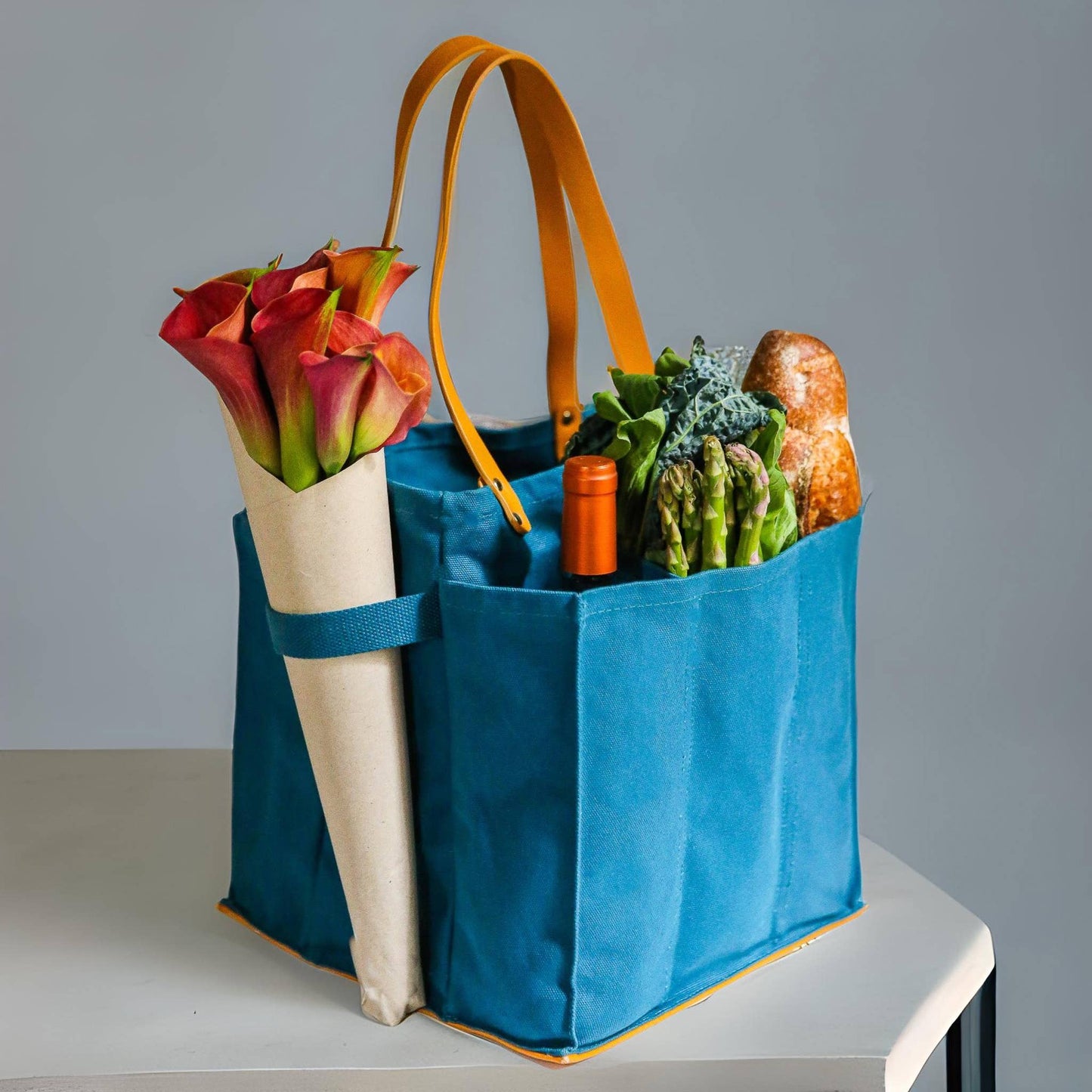 CapaBunga® Heavy-Duty Canvas Tote Bag | Reusable Multi-Pocket Market Tote with Brown Handles & Base