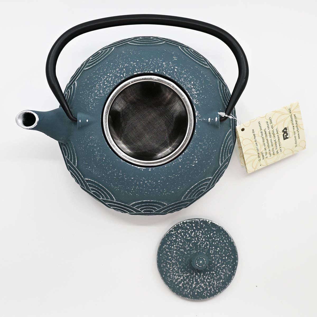 Blue Seigaiha Design 40oz Cast Iron Tea Pot