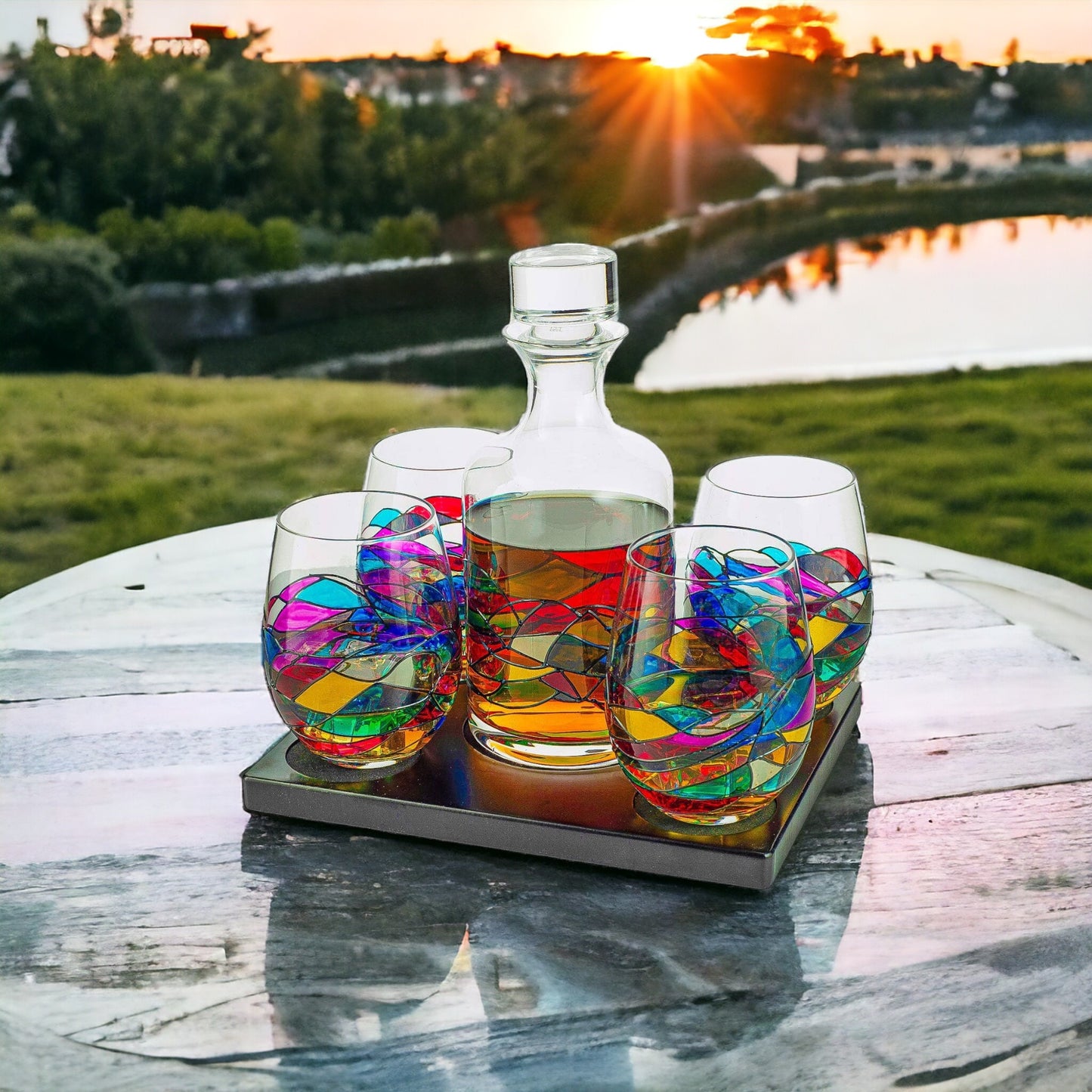 The Wine Savant - Renaissance Stain-glassed Windows Wine Decanter & 4 Glasses