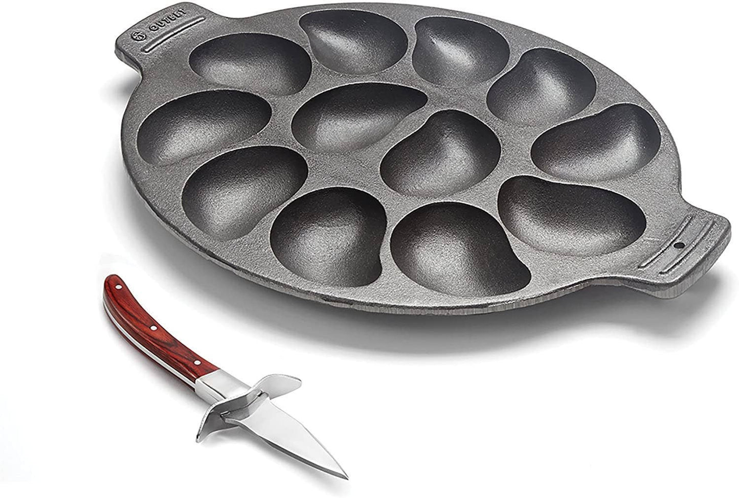 Cast Iron grilling pan for oysters with knife.