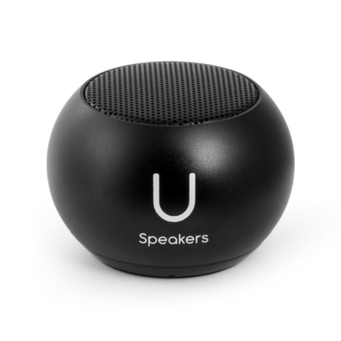 A matte black portable Bluetooth speaker with a 'U' logo on the front.