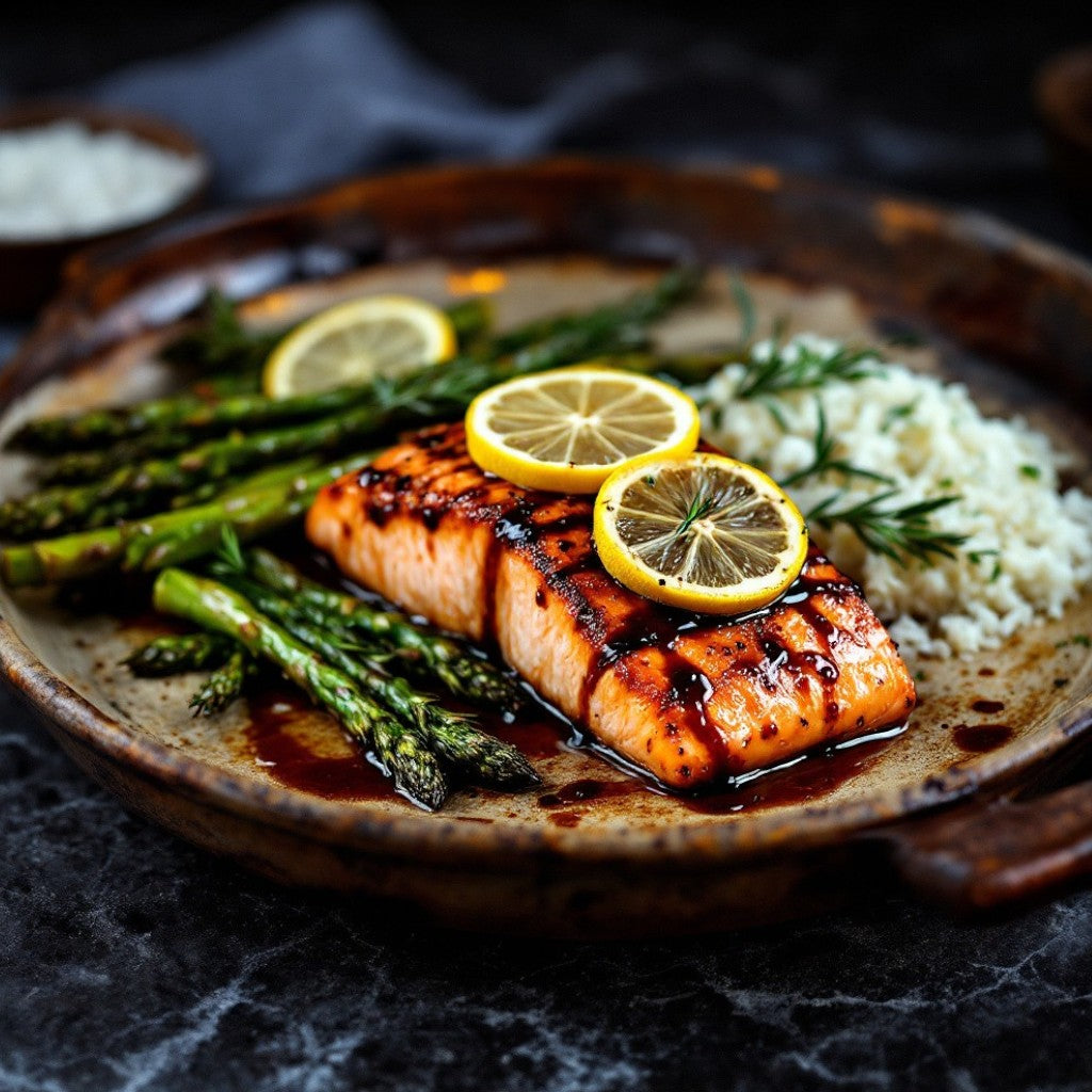 Ginger-Balsamic Glazed Salmon with Rosemary Roasted Asparagus
