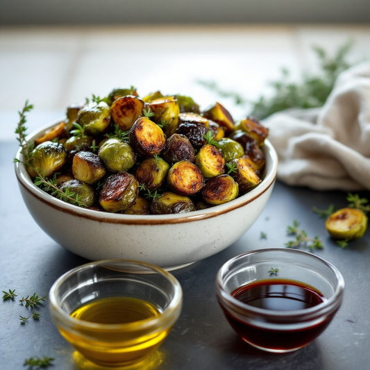 Golden roasted Brussels sprouts coated in a glossy truffle olive oil and raspberry balsamic glaze, garnished with fresh thyme and crushed walnuts on a rustic wooden background.