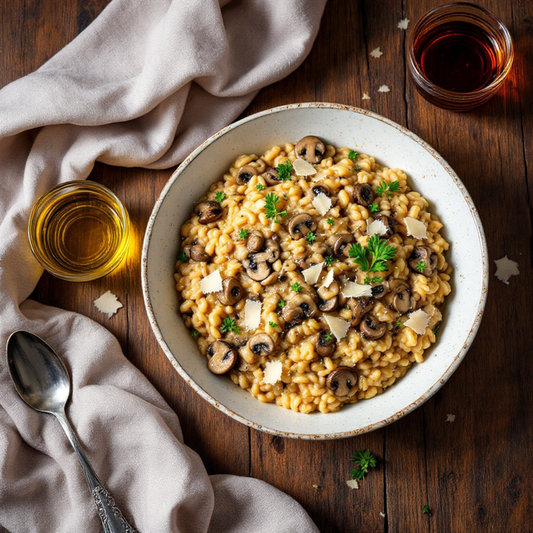 Creamy mushroom risotto drizzled with truffle olive oil and raspberry balsamic vinegar, topped with Parmesan shavings and fresh herbs, served on a rustic wooden table.