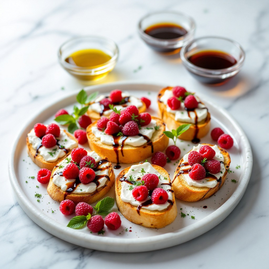 Crispy crostini topped with creamy goat cheese, fresh raspberries, and a drizzle of truffle olive oil and raspberry balsamic, garnished with mint leaves on a white serving platter