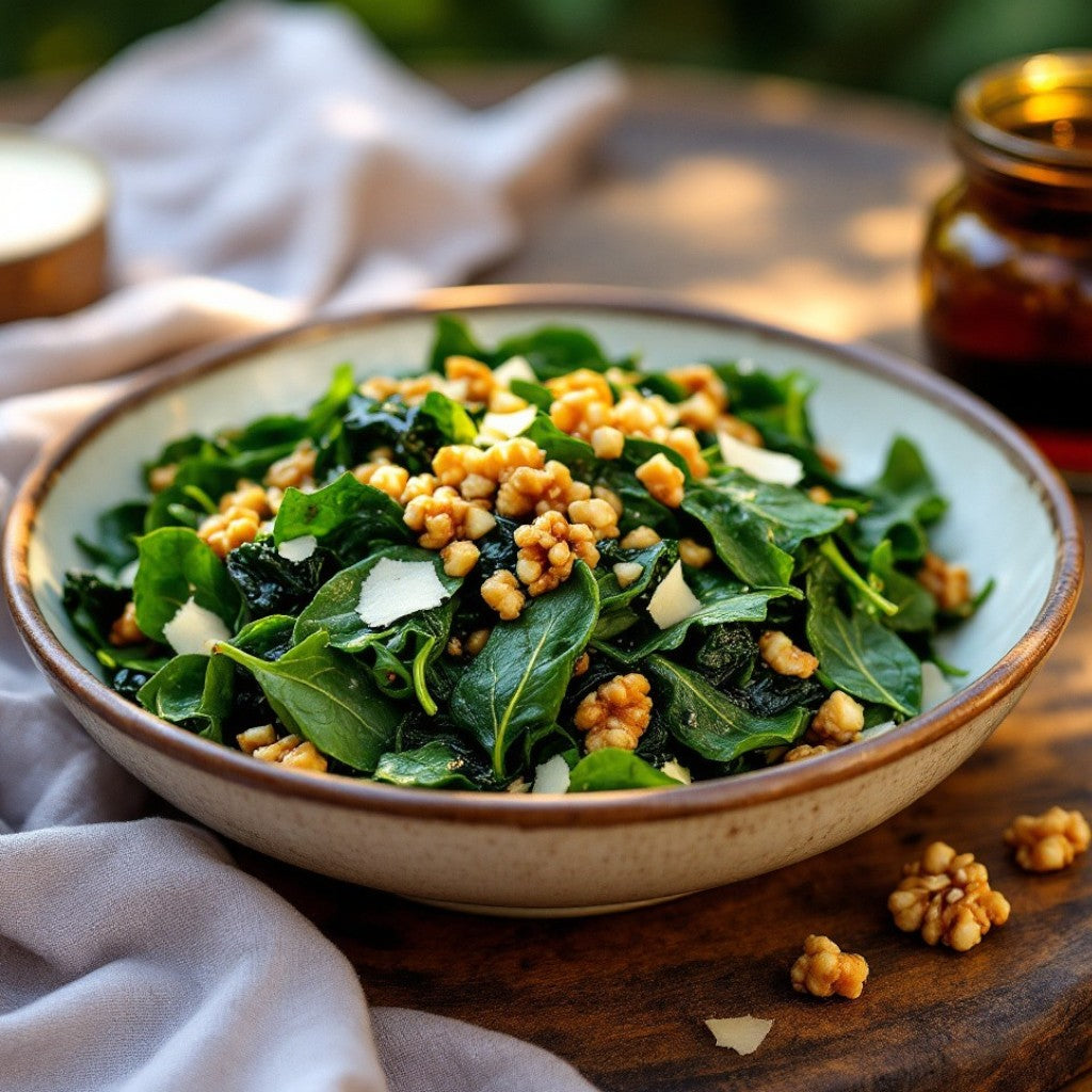 Warm Strawberry Balsamic Greens with Basil Oil & Toasted Walnuts (Vegetarian + Gluten-Free)