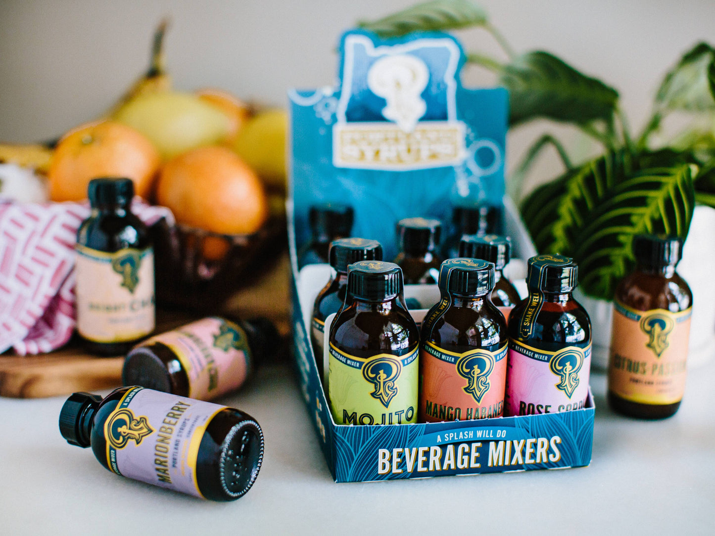 Collection of beverage mixers with a box labeled 'Beverage Mixers' on a table with fruits and plants in the background.
