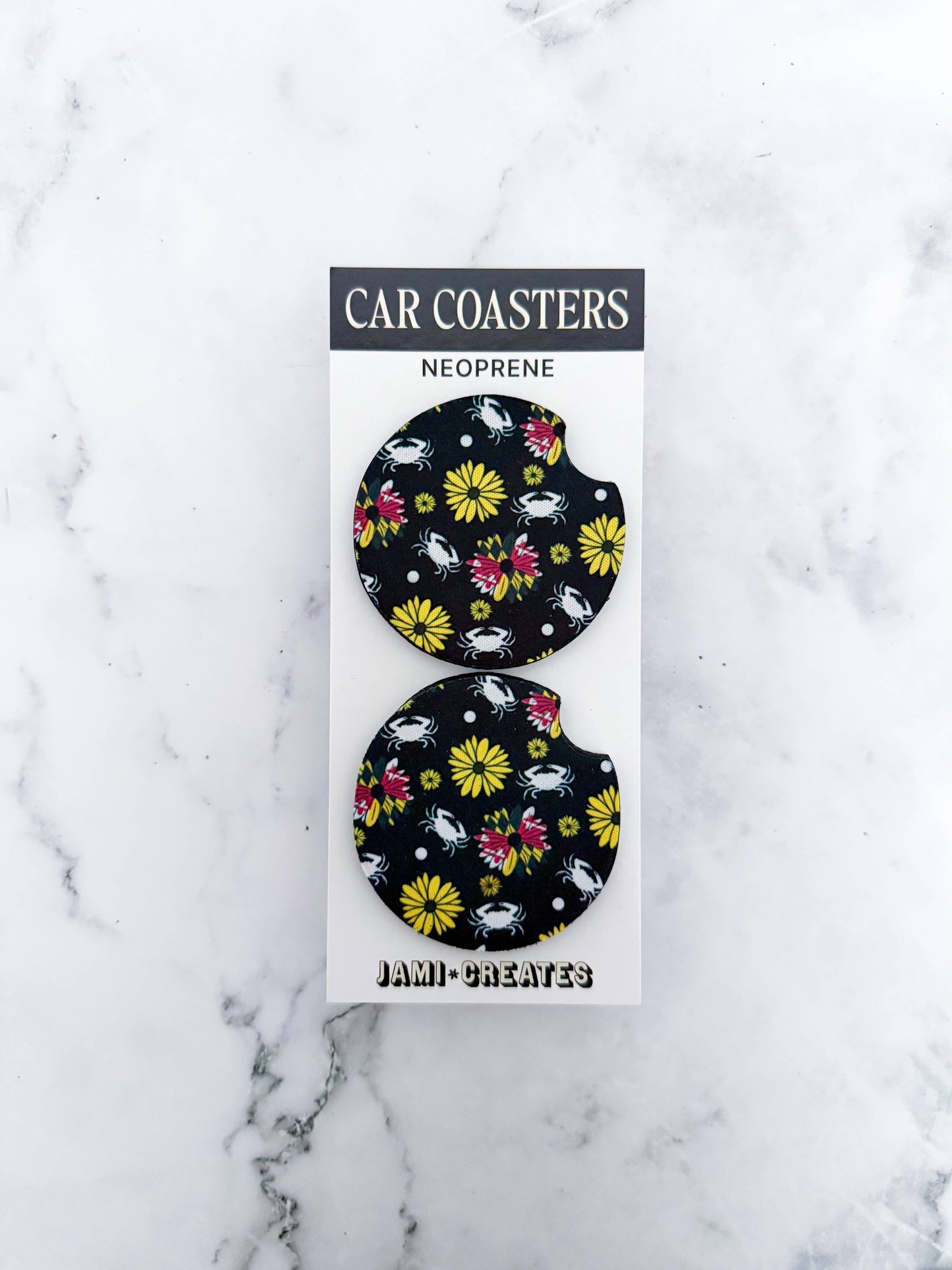 Jami Creates - Black Maryland Flower Crab Print Car Coasters