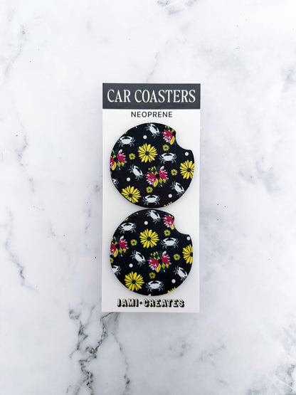 Jami Creates - Black Maryland Flower Crab Print Car Coasters