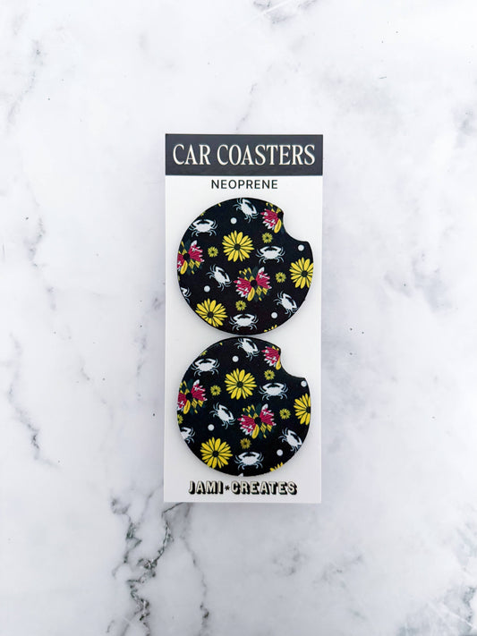 Jami Creates - Black Maryland Flower Crab Print Car Coasters