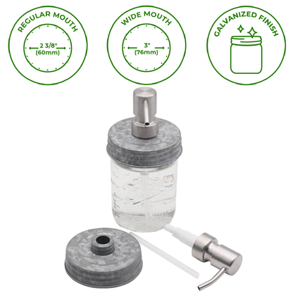 Mason Jar Lifestyle - Satin / Brushed Finish Soap Pump Dispensers for Mason Jars: Threaded galvanized / Wide mouth / #2