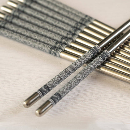 5 Piece Motif Pattern Design Chopsticks Set Stainless Steel