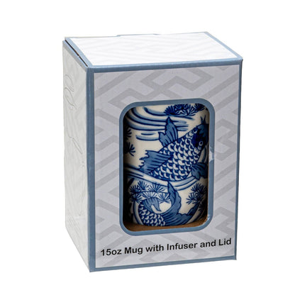 Koi Fish Design 15 oz Tea Mug with Lid &amp; Infuser