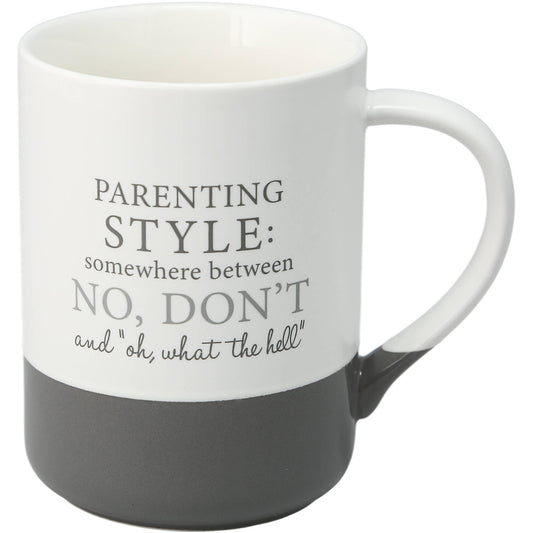 An 18 oz modern stoneware mug with the humorous sentiment "Parenting Style" printed on the front, featuring a large ergonomic handle and minimalist design. Perfect for coffee, tea, or gifting to parents with a sense of humor.