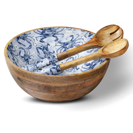 Blue Watercolor Crab 12" Decorative Bowl with servers