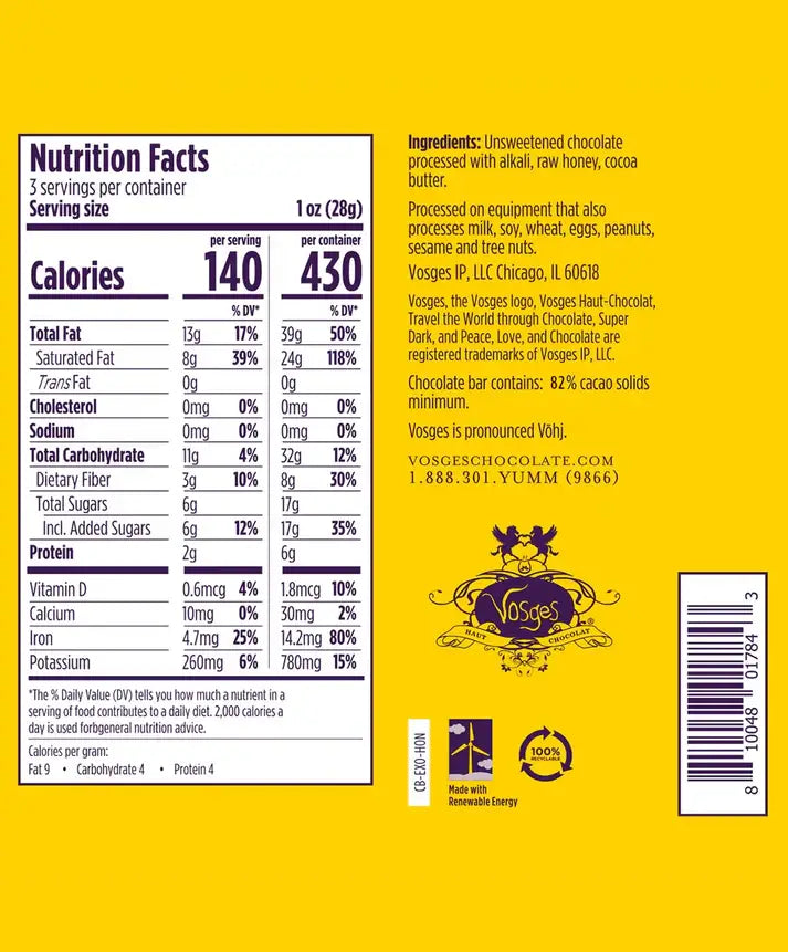 Dark Chocolate Wildflower Raw Honey Bar: 82% Cacao