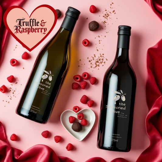 Truffle Olive Oil and Raspberry Balsamic Vinegar pairing with cheese, fresh raspberries, and romantic accents.
