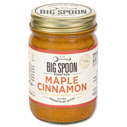 Jar of Big Spoon Roasters Maple Cinnamon peanut and pecan butter on a white background