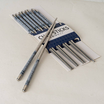 5 Piece Motif Pattern Design Chopsticks Set Stainless Steel