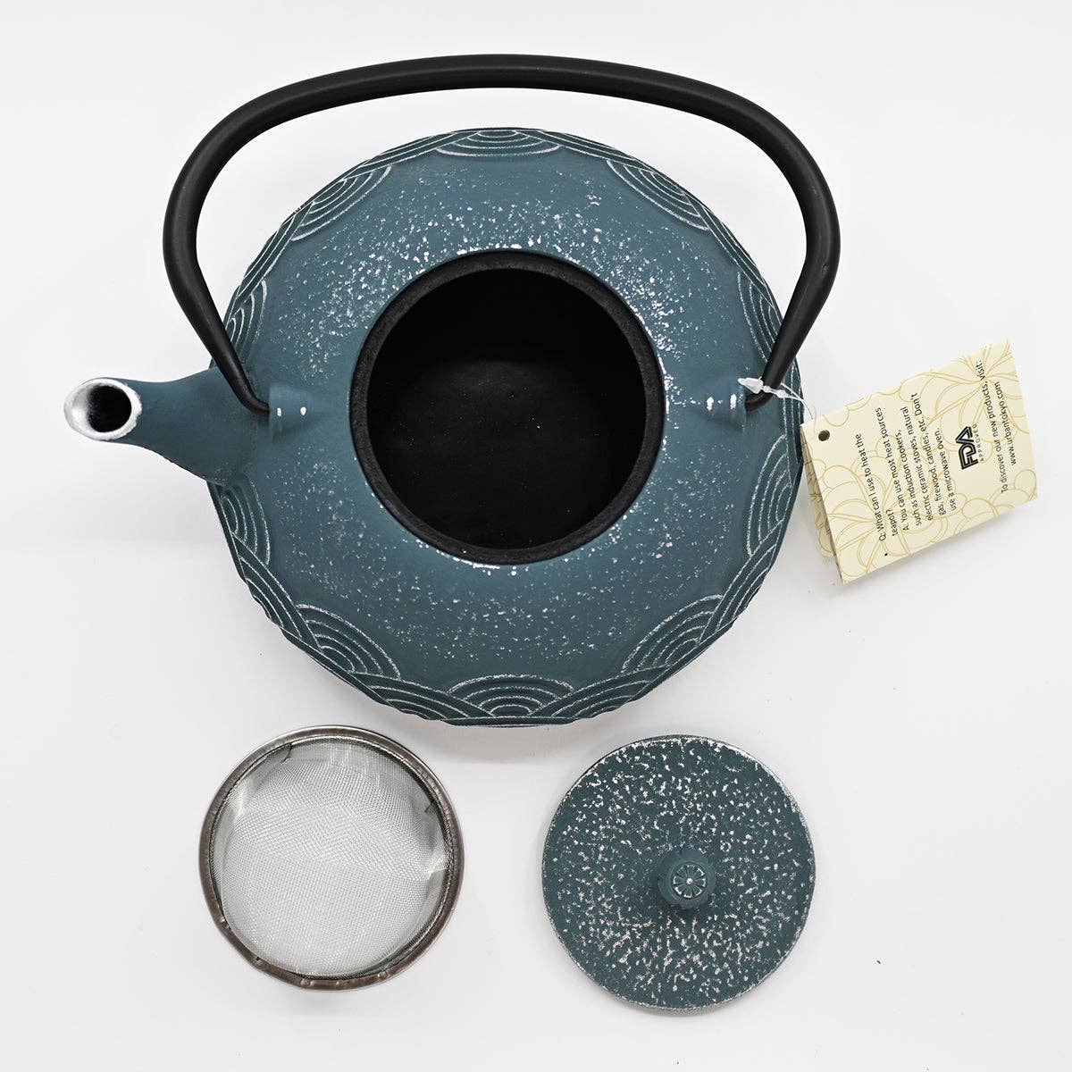 Blue Seigaiha Design 40oz Cast Iron Tea Pot